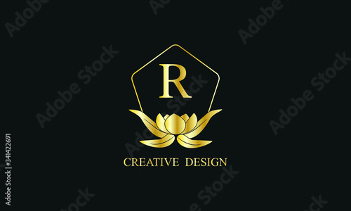 Design of magnificent royal vector monogram with letter R on black background. Stylish golden floral logo for business, restaurant, boutique, cafe, hotel and more.