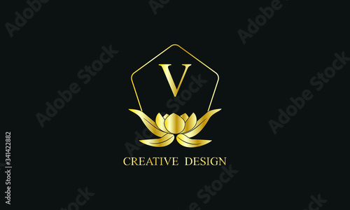 Design of magnificent royal vector monogram with letter V on black background. Stylish golden floral logo for business, restaurant, boutique, cafe, hotel and more.