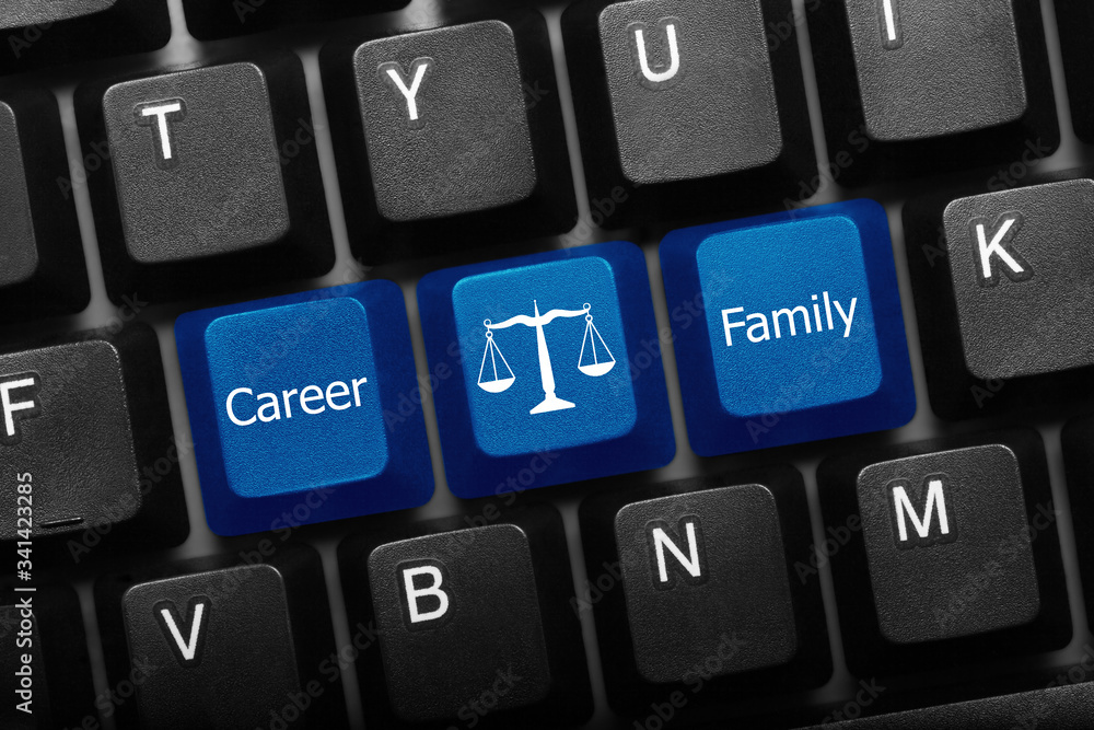 Three keys conceptual keyboard - Career and Family keys with scales symbol Three keys conceptual keyboard - Career and Family keys with scales symbol