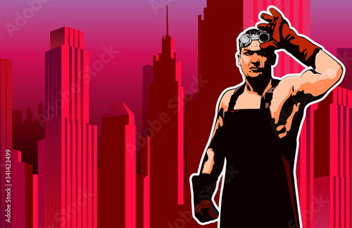 Industrial worker. Vector design template with city on the background