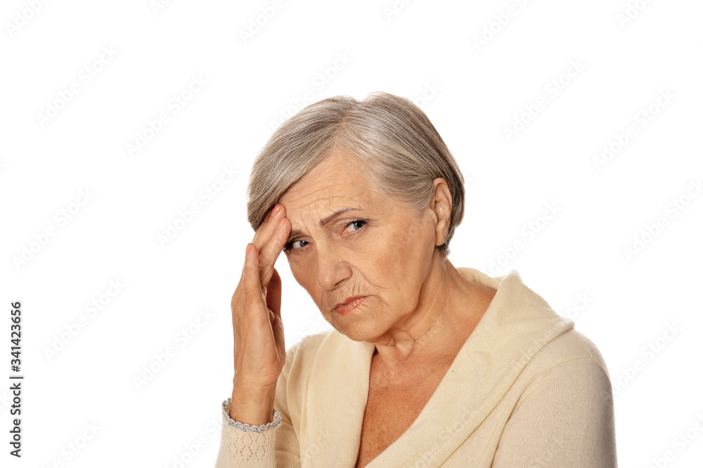Beautiful senior woman with headache isolated on white background Beautiful senior woman with headache isolated on white background