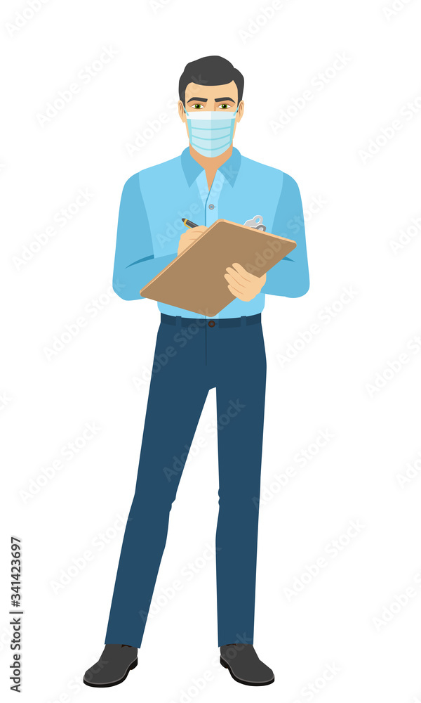 Man in medical mask writes on the clipboard closeup. Full length portrait of man in a flat style. Man in medical mask writes on the clipboard closeup. Full length portrait of man in a flat style.