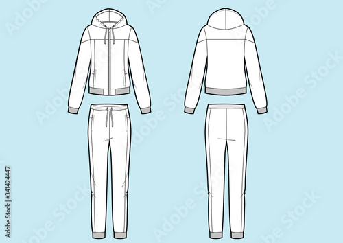 Vector illustration of women's sport suit. Sweatshirt and pants. Front and back views