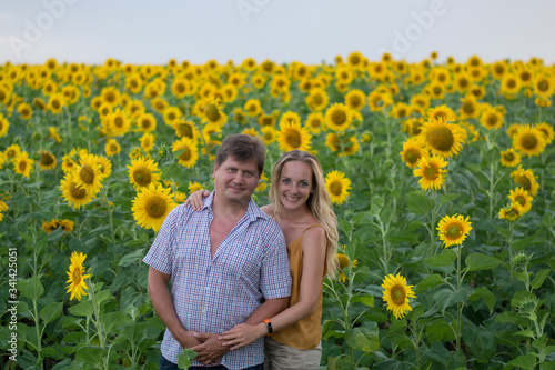 young couple in the field of sunflowers. young couple in the field