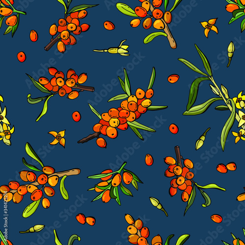 Sea buckthorn. Seamless pattern of sea buckthorn berries and flowers. For the design of packaging, cake, fabric, textile, wallpaper.