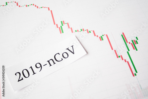 The inscription quote 2019 ncov on a white background with falling down charts and graphs. Economic crisis due to coronavirus. Fall quotes due to outbreaks of infection