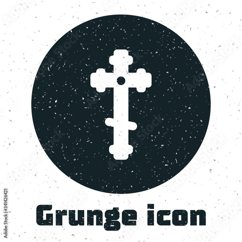 Grunge Christian cross icon isolated on white background. Church cross. Monochrome vintage drawing. Vector Illustration