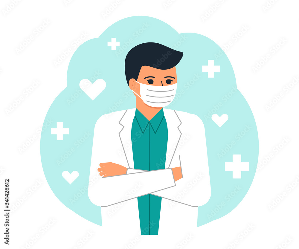 Doctor man medical personnel, medical professional is hero. Health care worker. Fight against covid-19 viruses. Vector illustration