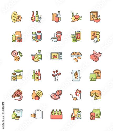 Groceries category RGB color icons set