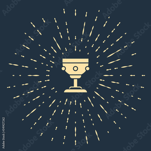Beige Christian chalice icon isolated on blue background. Christianity icon. Happy Easter. Abstract circle random dots. Vector Illustration