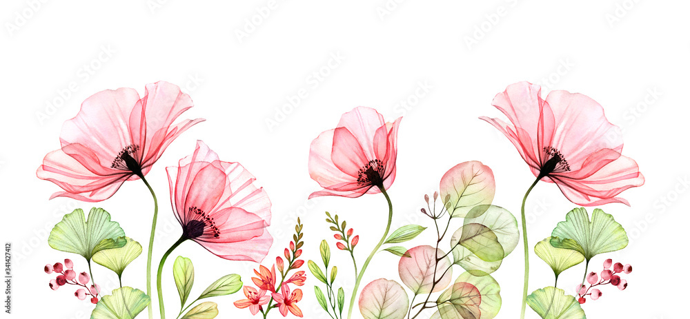 Fototapeta premium Watercolor Poppy bottom border. Horizontal floral background. Abstract pink flowers with leaves on white. Botanical illustration for cards, wedding design