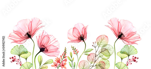 Watercolor Poppy bottom border. Horizontal floral background. Abstract pink flowers with leaves on white. Botanical illustration for cards, wedding design