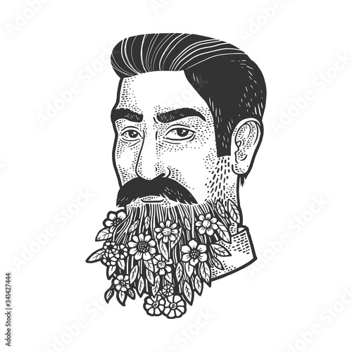 man with a blooming beard sketch engraving vector illustration. T-shirt apparel print design. Scratch board imitation. Black and white hand drawn image.