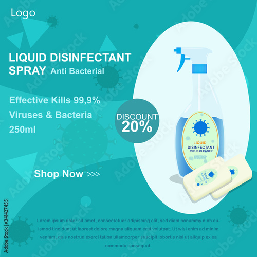 Social media post banner of liquid disinfectant hand sprayer. disinfection spray and soap kill most bacteria, fungi and stop some viruses such as coronavirus.