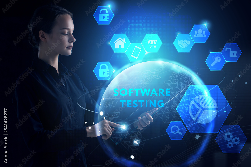 Business, Technology, Internet and network concept. Young businessman working on a virtual screen of the future and sees the inscription: Software testing Business, Technology, Internet and network concept. Young businessman working on a virtual screen of the future and sees the inscription: Software testing