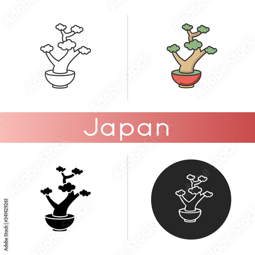 Bonsai icon. Tiny cultivated potted tree. Decorative gardening. Flowerpot with dwarf plant with foliage on branches. Linear black and RGB color styles. Isolated vector illustrations