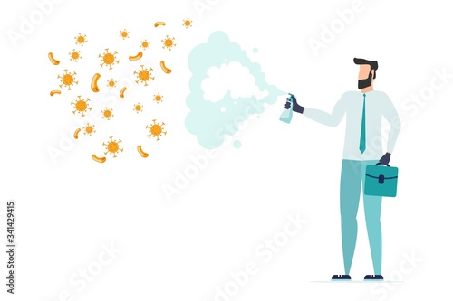 COVID-19 Coronavirus protection and quarantine or business risk prevention from novel virus outbreak concept, businessman sprinkles with a disinfectant spray to protect from COVID-19 Virus pathogens