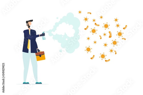 COVID-19 Coronavirus protection and quarantine or business risk prevention from novel virus outbreak concept, businessman sprinkles with a disinfectant spray to protect from COVID-19 Virus pathogens