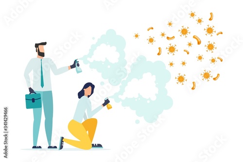 COVID-19 Protection against coronavirus and prevention of quarantine or business risks thanks to the new concept of a virus epidemic, a businessman and a business woman spray a disinfectant spray 