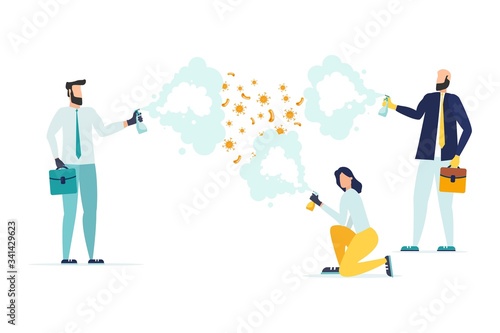 COVID-19 Protection against coronavirus and prevention of quarantine or business risks thanks to the new concept of a virus epidemic, a businessman and a business woman spray a disinfectant spray 