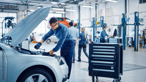 Professional Mechanic is Working on a Car in a Car Service. Repairman in Safety Glasses is Working on an Usual Car Maintenance. He Hangs a Lamp and Works with a Ratchet. Modern Clean Workshop.