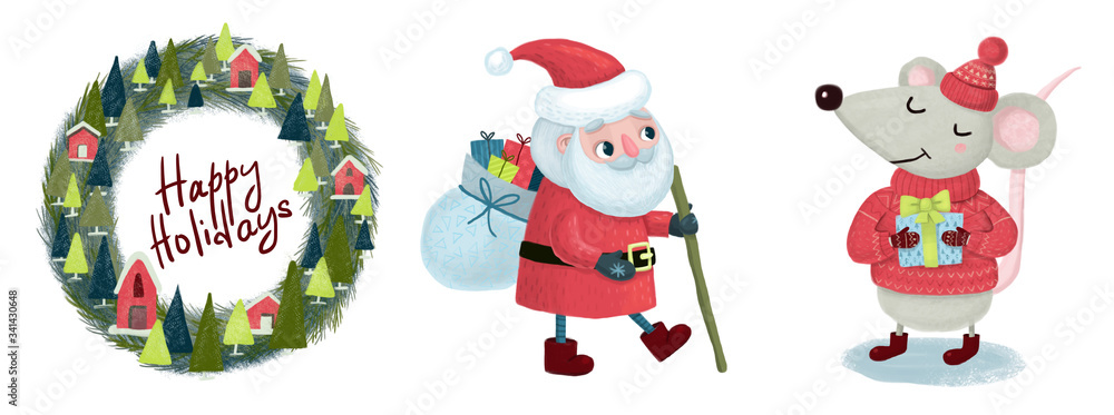 Fototapeta premium Christmas set. Cute baby Santa Claus with a bag of gifts and a cane in his hand. A mouse in a knitted sweater and hat with a gift box in his hands and a wreath with lettering. Isolated on a white 