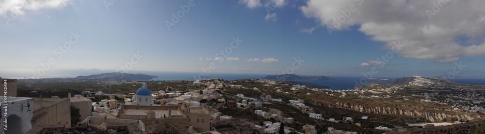 Panoramic view of Santorini island from the city of Pyrgos. View of the sea, mountains and caldera, Santorini Greece.