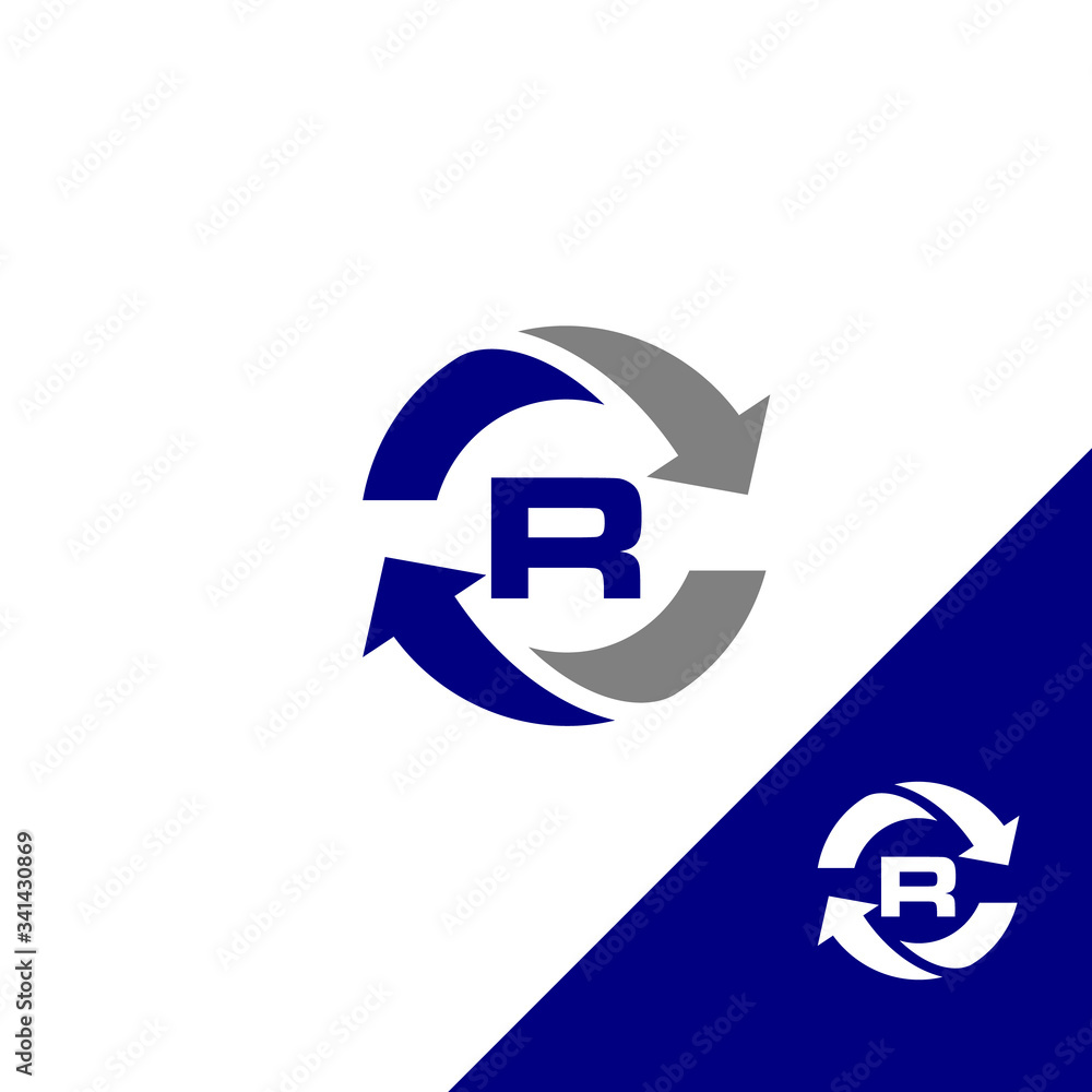 Simple design letter R with round arrow and color blue Simple design letter R with round arrow and color blue