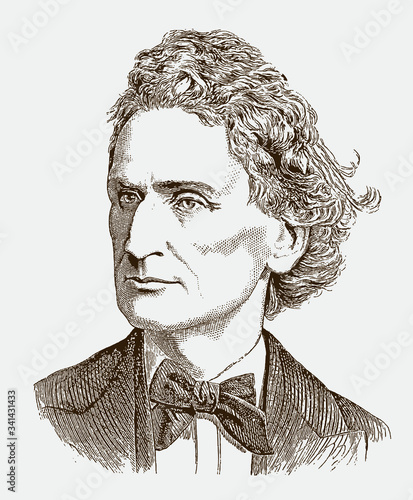 Historical portrait of James Dwight Dana the famous American scientist, wearing a bow tie. lllustration after an engraving from the 19th century