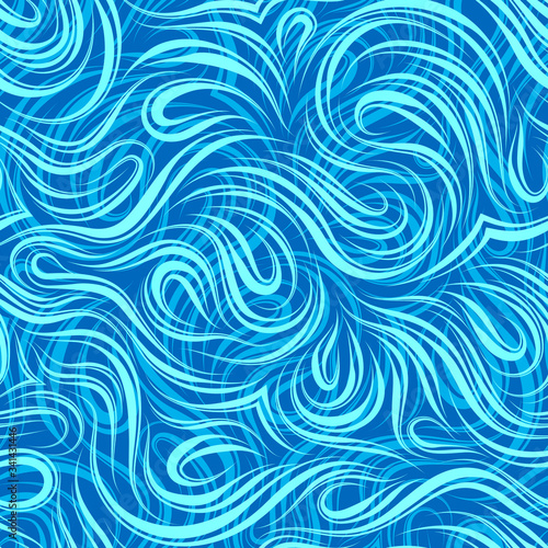 Seamless vector pattern of smooth turquoise flowing lines cut in the middle. Texture of wood fibers or waves. Decoration for paper fabrics or website background. Texture of three shades of blue. Print