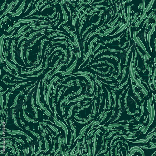 Seamless vector pattern of smooth green flowing lines with torn edges. Texture of wood or marble fibers. Decoration for paper fabrics or website background. Texture of five shades of green. Print for 