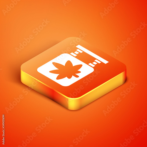 Isometric Marijuana and cannabis store icon isolated on orange background. Equipment and accessories for smoking, storing medical cannabis.  Vector Illustration