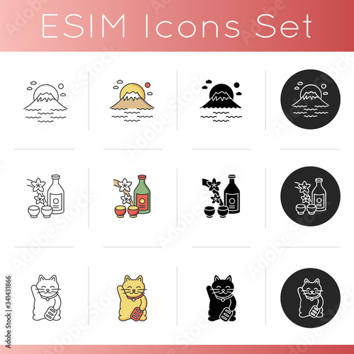 Japan icons set. Tokyo mountain with sunrise. Fuji mount. Sake beverage. Maneki neko. Japanese rice wine and sakura branch. Linear, black and RGB color styles. Isolated vector illustrations