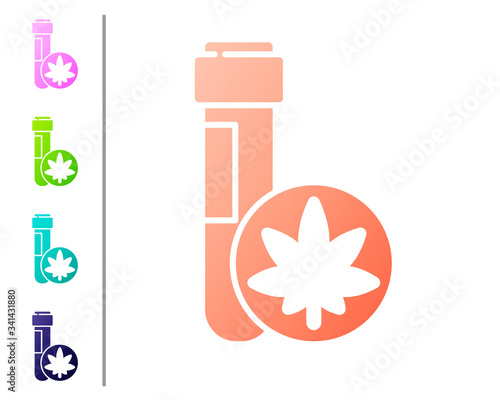 Coral Chemical test tube with marijuana or cannabis leaf icon isolated on white background. Research concept. Laboratory CBD oil. Set color icons. Vector Illustration