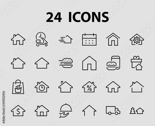 Simple set of line vector home icons. Contains house symbols at interest, infuse house and more. Editable stroke. 480x480 pixels perfect