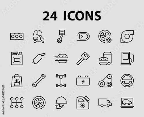A simple set of car services related vector line icons. Contains icons such as oil, diagnostics, turbine, steering wheel, chassis, gearbox and much more. Editable move. 480x480 On a white background