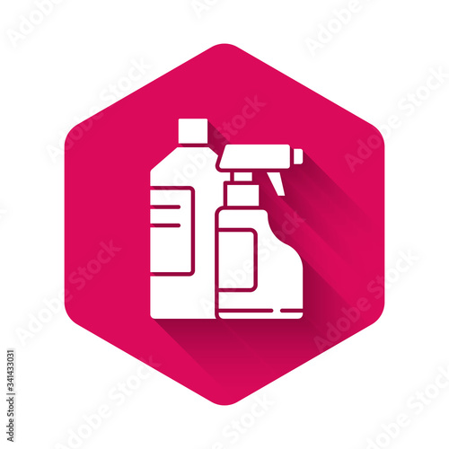 White Plastic bottles for laundry detergent, bleach, dishwashing liquid or another cleaning agent icon isolated with long shadow. Pink hexagon button. Vector Illustration