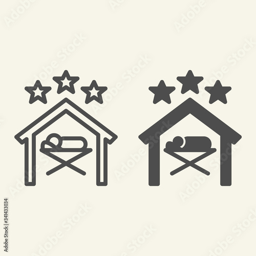 Christmas scene line and solid icon. Birth of Christ holy night outline style pictogram on white background. Baby Jesus lies in manger under stars for mobile concept and web design. Vector graphics.