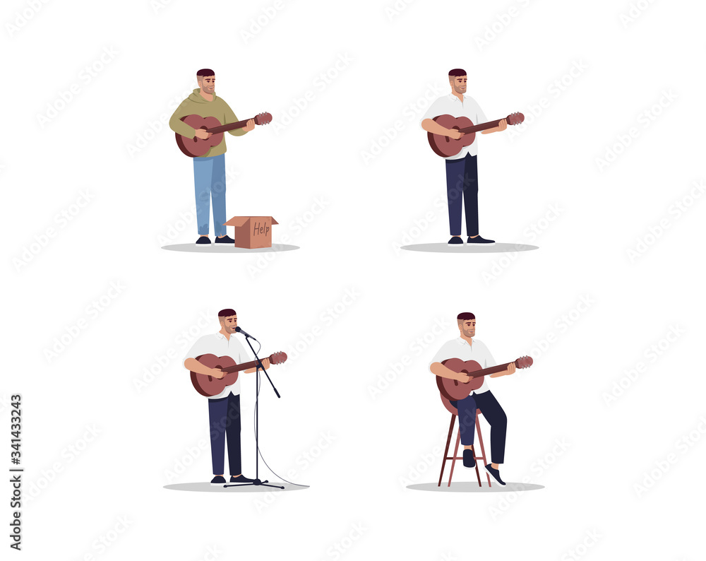Male caucasian guitarist semi flat RGB color vector illustration set