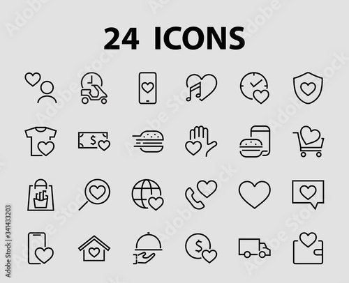  The set of icons about love contains such icons as love of music, declaration of love, heart, favorite home, Linear set. Vector on a white background. Editable stroke. 480x480