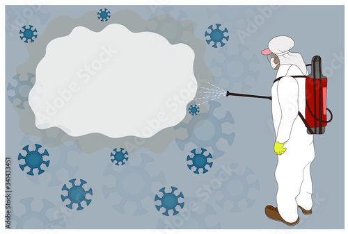 Fighting the virus: A person in an antiviral suit with a disinfector to disinfect viral diseases s