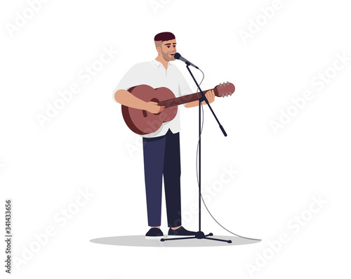 Guitarist with microphone stand semi flat RGB color vector illustration
