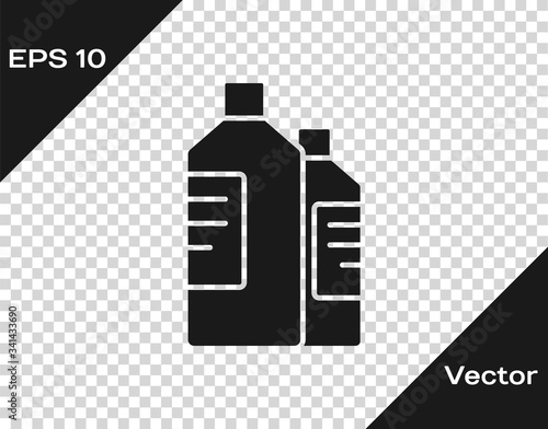 Black Plastic bottles for laundry detergent, bleach, dishwashing liquid or another cleaning agent icon isolated on transparent background.  Vector Illustration