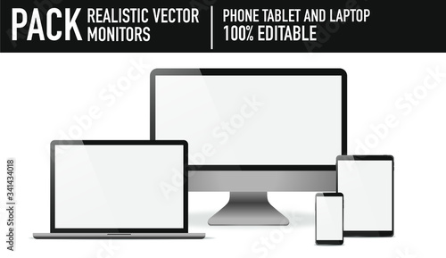 ilustración realista de pantallas de celular, computadores y tablet. 100% editable