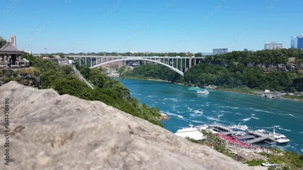 The famous waterfall of Niagara Falls, a popular place among tourists from all over the world. View from the Canada. In the image waterfall and boats can be seen at the same time. The famous waterfall of Niagara Falls, a popular place among tourists from all over the world. View from the Canada. In the image waterfall and boats can be seen at the same time.