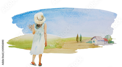 Watercolor girl going home with collected flowers on field , summer village rural illustration on white background