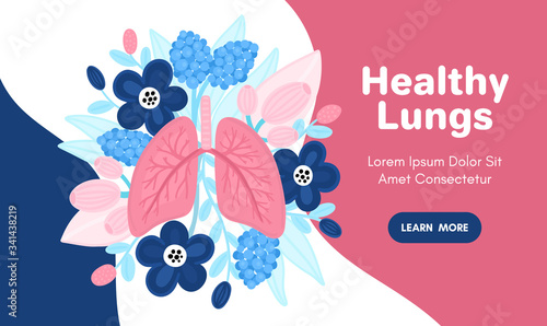 Vector healthy lungs on flowers. Background for label, advertisement of pulmonary medicine, landing or banner for pulmonology clinic, design for website or article about respiratory system health