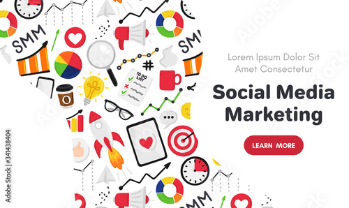 Vector background with smm elements. Social Media Marketing. Reach and promotion among target audience. Landing page, banner, mailing, presentation, header. Advertising for marketers, digital agency