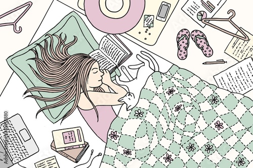 Hand drawn illustration of a young woman who fell asleep while reading a book, her cat snoozing next to her