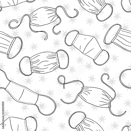 Seamless pattern with hand drawn reusable fabric face masks, makeshift masks coronavirus pandemic
